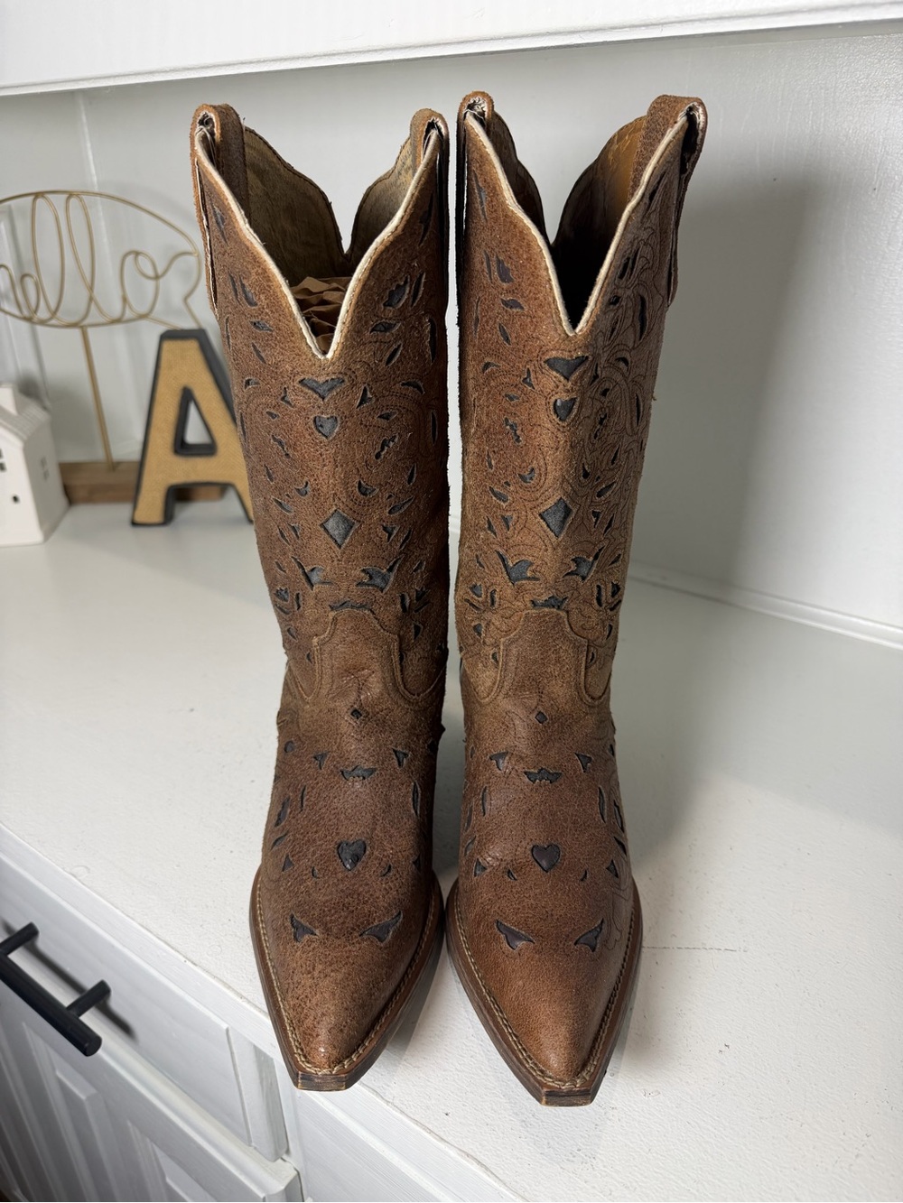 Laredo Womens 7M Brown Floral Cutout Cowboy Boots Tall Western Boho - Picture 2 of 9